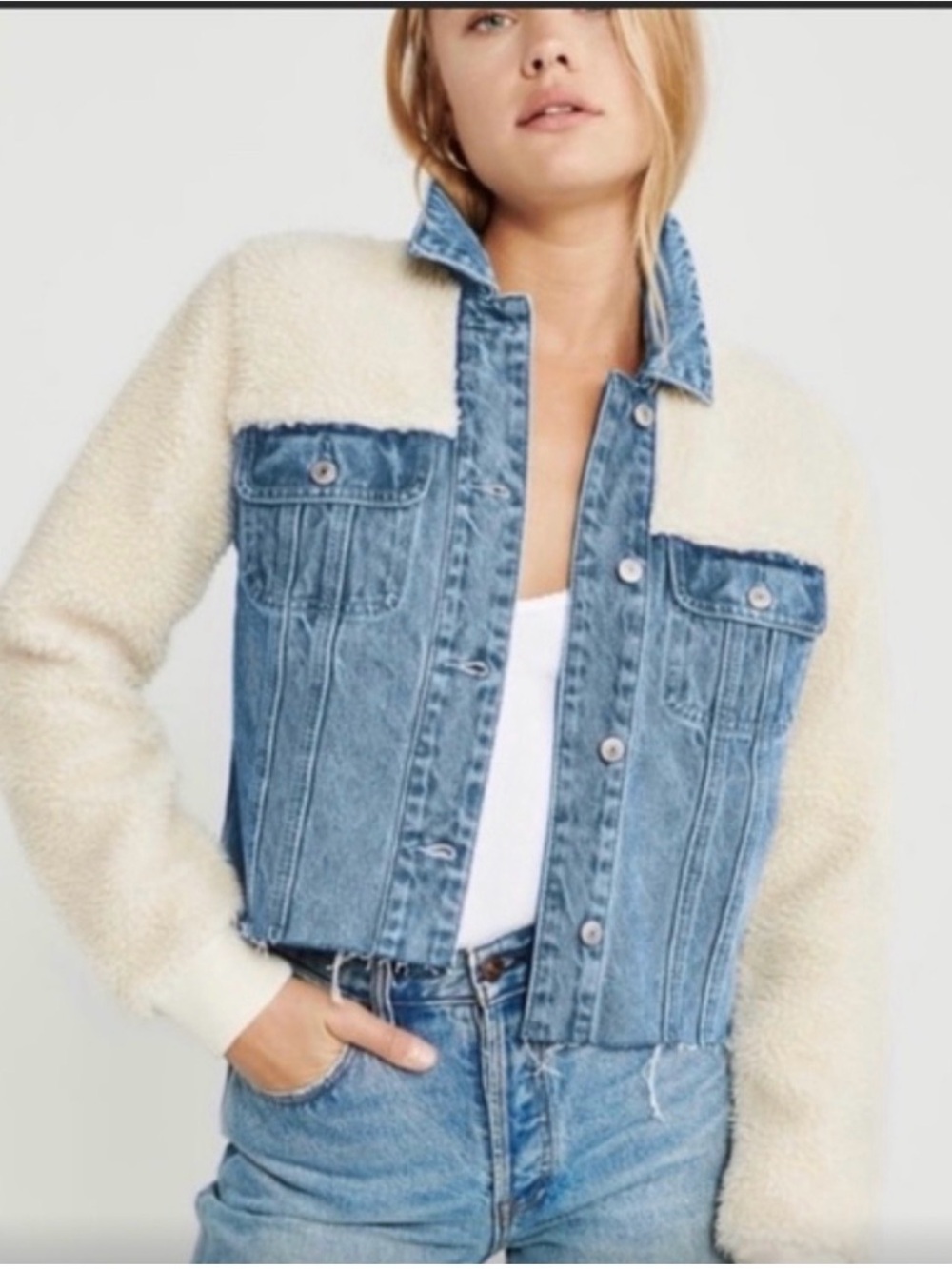 Abercrombie & Fitch Light Blue Denim Jacket with Cream Sherpa Sleeves